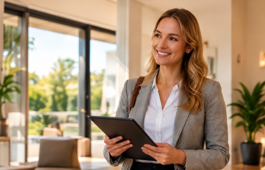 Medewerker met tablet plant een bezichtiging